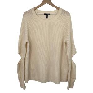 Aqua Cashmere Ribbed Crewneck Pullover Sweater Arm Cut outs Ivory Womens Large
